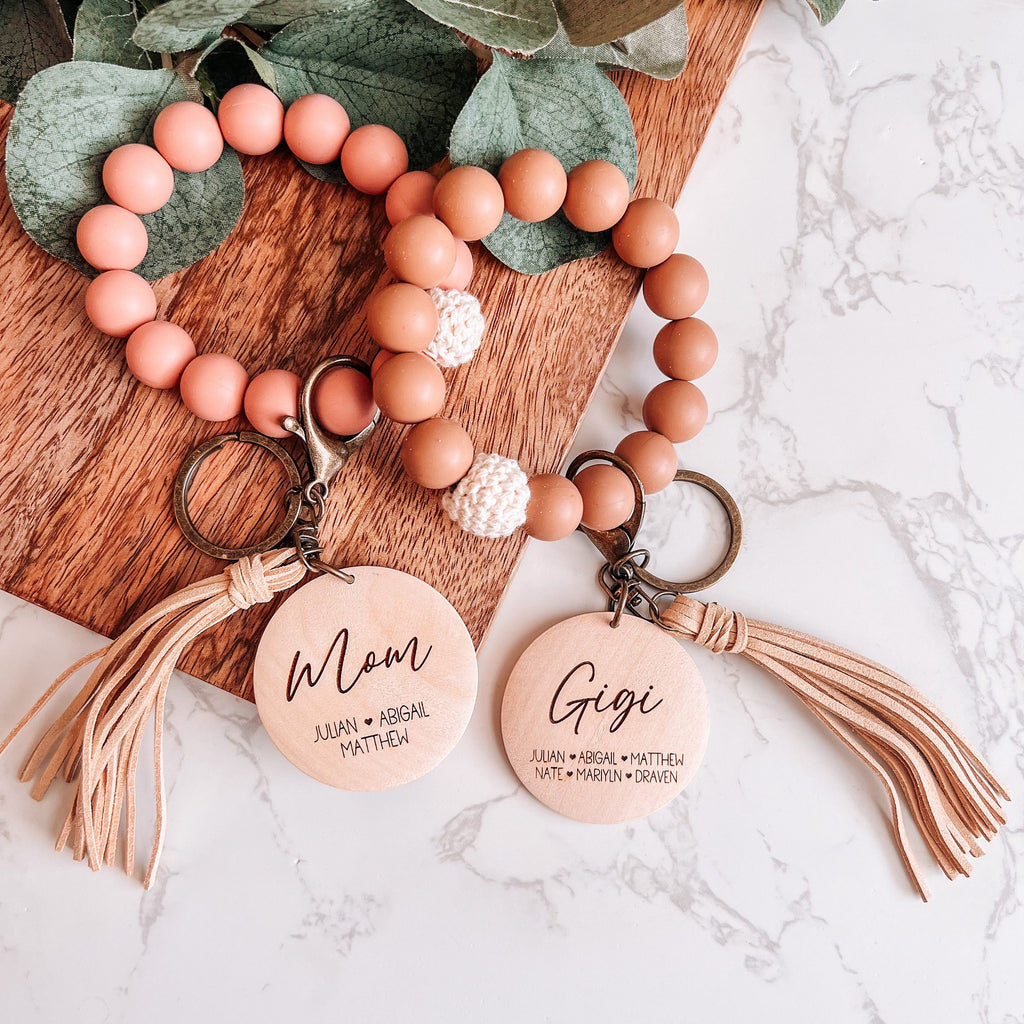 Silicone Wristlet with personalized wood charm keychain