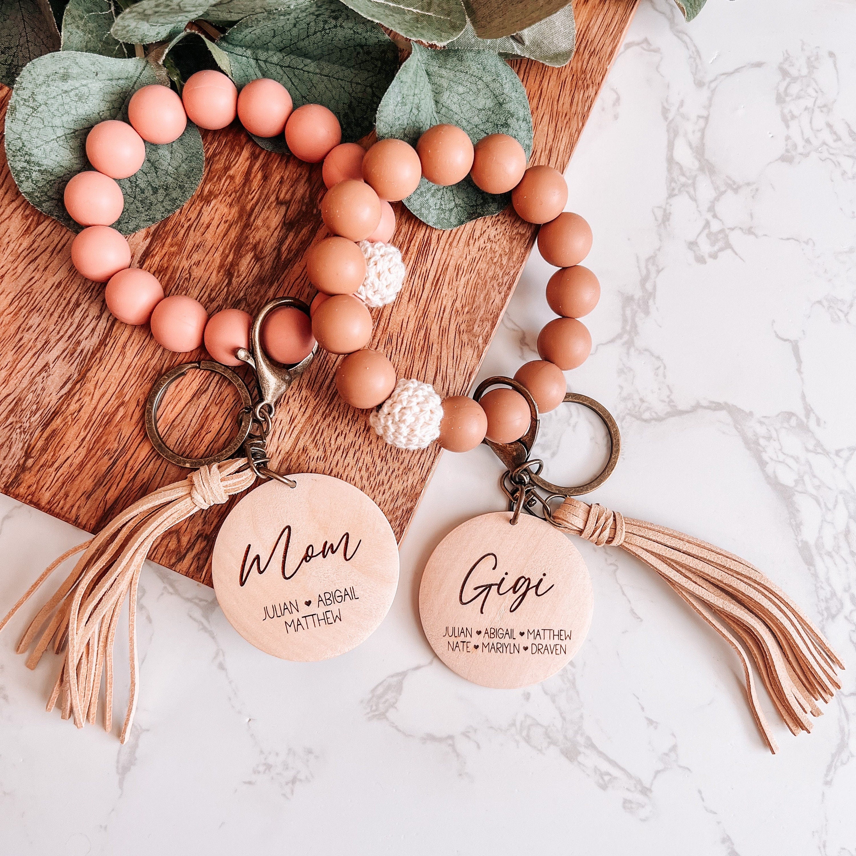 Silicone Wristlet with personalized wood charm keychain