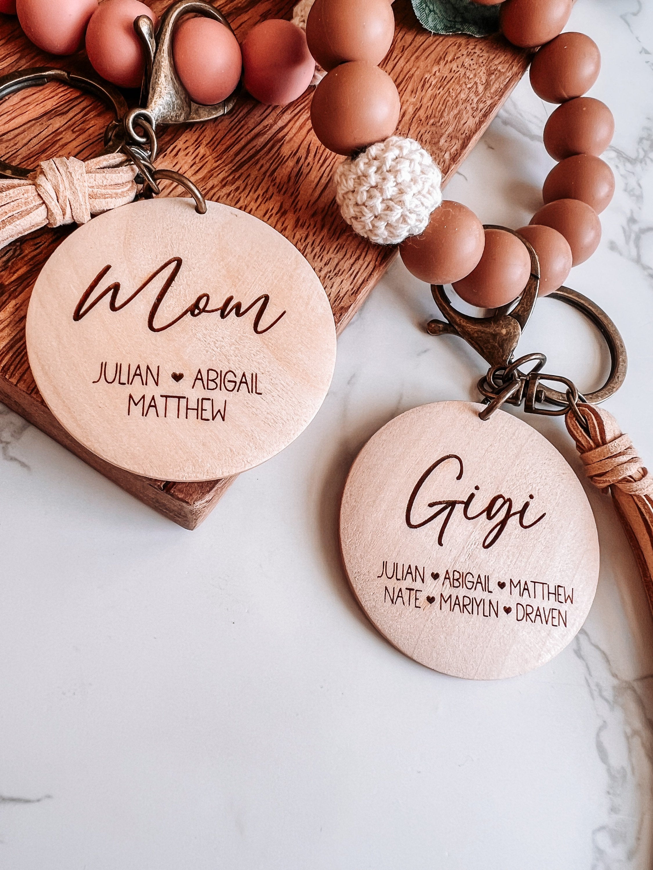 Silicone Wristlet with personalized wood charm keychain